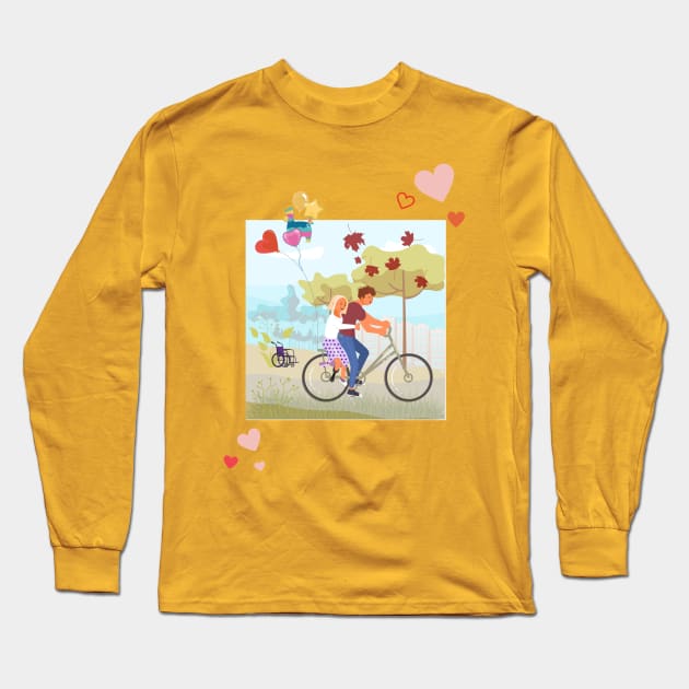 Cute couple cycling together in a windy weather Long Sleeve T-Shirt by TTWW Studios